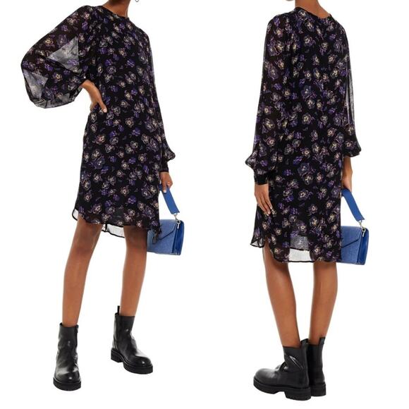 Ganni Floral Georgette Long Sleeve Shift Mini Dress Multicolor Size 36 - Picture 3 of 11